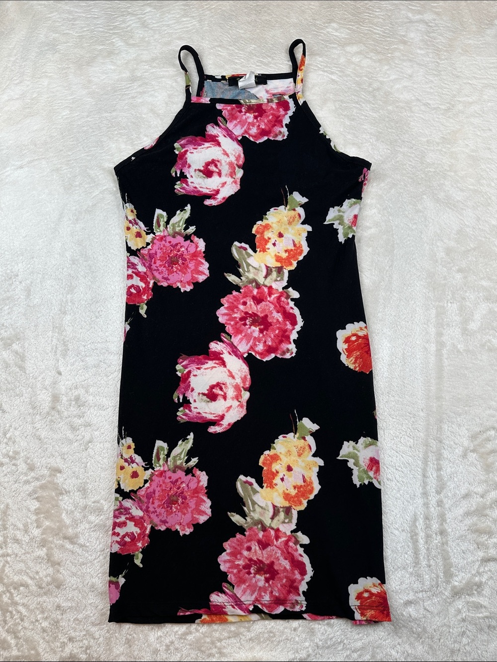 Beware! Womens M Floral Bodycon Dress Black Pink Yellow Sleeveless High Neck USA